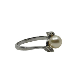 Vintage Leaf Diamond Bypass Japanese Saltwater Akoya Cultured Pearl Ring- 10K White Gold Size 7