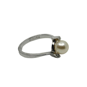 Vintage Leaf Diamond Bypass Japanese Saltwater Akoya Cultured Pearl Ring- 10K White Gold Size 7