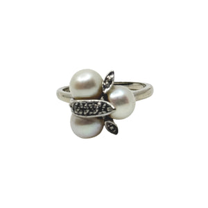 Vintage Triple Leaf Diamond Japanese Saltwater Akoya Cultured Pearl Ring- 14K White Gold Size 5 3/4