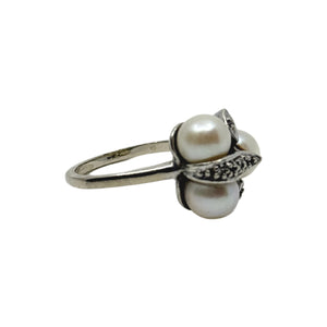 Vintage Triple Leaf Diamond Japanese Saltwater Akoya Cultured Pearl Ring- 14K White Gold Size 5 3/4