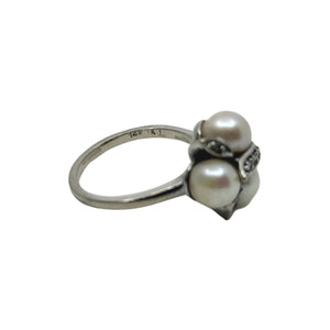 Vintage Triple Leaf Diamond Japanese Saltwater Akoya Cultured Pearl Ring- 14K White Gold Size 5 3/4