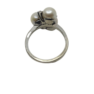 Vintage Triple Leaf Diamond Japanese Saltwater Akoya Cultured Pearl Ring- 14K White Gold Size 5 3/4
