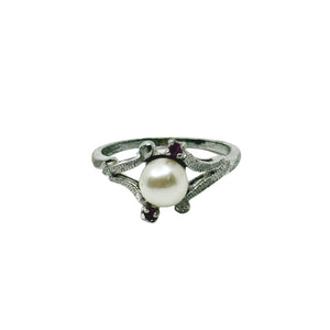 Vintage Japanese Saltwater Akoya Cultured Pearl Pink Tourmaline Ring- Sterling Silver Sz 7 3/4
