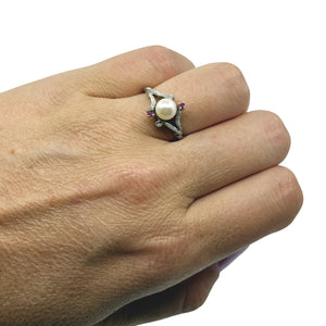 Vintage Japanese Saltwater Akoya Cultured Pearl Pink Tourmaline Ring- Sterling Silver Sz 7 3/4