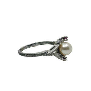 Vintage Japanese Saltwater Akoya Cultured Pearl Pink Tourmaline Ring- Sterling Silver Sz 7 3/4