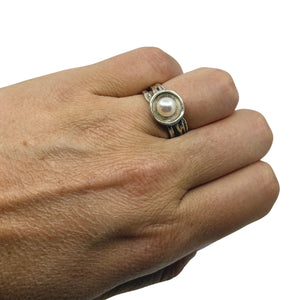 Vintage Wide Band Organic Japanese Saltwater Akoya Cultured Pearl Ring- Sterling Silver Sz 7 1/2