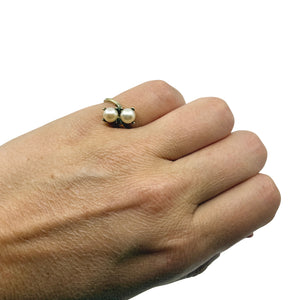 Vintage Bypass Japanese Saltwater Akoya Cultured Pearl Ring- Sterling Silver Gold Plate Sz 6