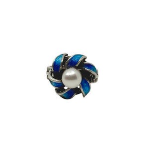 Vintage Blue Enamel Japanese Saltwater Akoya Cultured Pearl Ring- Sterling Silver Sz 5 1/2