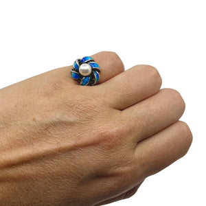 Vintage Blue Enamel Japanese Saltwater Akoya Cultured Pearl Ring- Sterling Silver Sz 5 1/2