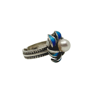 Vintage Blue Enamel Japanese Saltwater Akoya Cultured Pearl Ring- Sterling Silver Sz 5 1/2