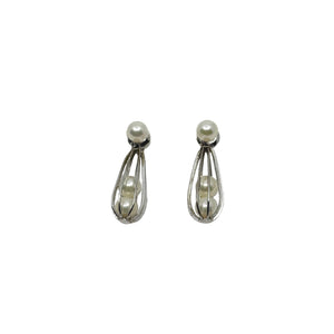 Vintage Cadge Drop Japan Akoya Saltwater Cultured Pearl Pierced Earrings- Sterling Silver