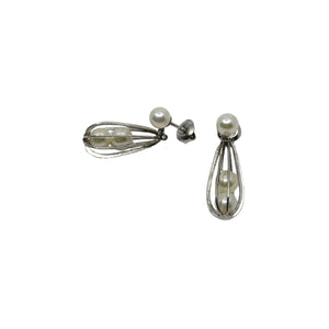Vintage Cadge Drop Japan Akoya Saltwater Cultured Pearl Pierced Earrings- Sterling Silver