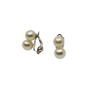 Vintage Double Saltwater Akoya Cultured Pearl Clip Earrings- 14K White Gold
