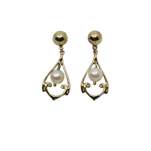 Vintage Lavaliere Saltwater Akoya Cultured Pearl Pierced Stud Drop Earrings- 14K Yellow Gold