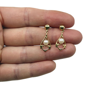Vintage Lavaliere Saltwater Akoya Cultured Pearl Pierced Stud Drop Earrings- 14K Yellow Gold