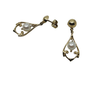 Vintage Lavaliere Saltwater Akoya Cultured Pearl Pierced Stud Drop Earrings- 14K Yellow Gold