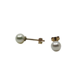 Vintage 5.00mm Stud Japanese Akoya Saltwater Cultured Pearl Pierced Earrings- 14K Yellow Gold