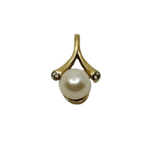Vintage Japanese Saltwater Akoya Cultured Pearl Natural White Diamond Pendant- 14K Yellow Gold