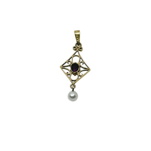 Vintage Art Nouveau Lavaliere Saltwater Akoya Cultured Pearl Garnet Pendant- 10K Yellow Gold