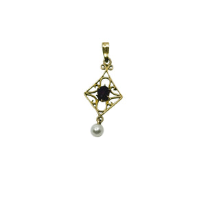 Vintage Art Nouveau Lavaliere Saltwater Akoya Cultured Pearl Garnet Pendant- 10K Yellow Gold