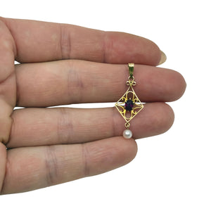 Vintage Art Nouveau Lavaliere Saltwater Akoya Cultured Pearl Garnet Pendant- 10K Yellow Gold
