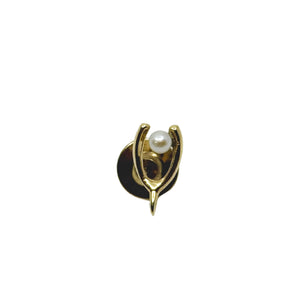 Vintage BAB Mid Century Japanese Saltwater Akoya Cultured Pearl Wish Bone Lucky Tie Tac- 14K Yellow Gold