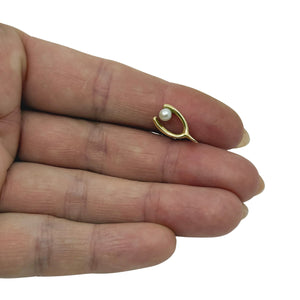 Vintage BAB Mid Century Japanese Saltwater Akoya Cultured Pearl Wish Bone Lucky Tie Tac- 14K Yellow Gold