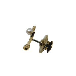 Vintage BAB Mid Century Japanese Saltwater Akoya Cultured Pearl Wish Bone Lucky Tie Tac- 14K Yellow Gold