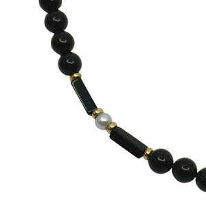 Geometric Black Onyx Mid-Century White Akoya Saltwater Cultured Pearl Necklace- 14K Yellow Gold 31".50