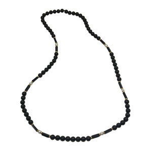 Geometric Black Onyx Mid-Century White Akoya Saltwater Cultured Pearl Necklace- 14K Yellow Gold 31".50