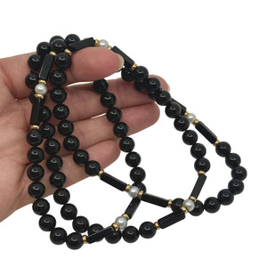 Geometric Black Onyx Mid-Century White Akoya Saltwater Cultured Pearl Necklace- 14K Yellow Gold 31".50