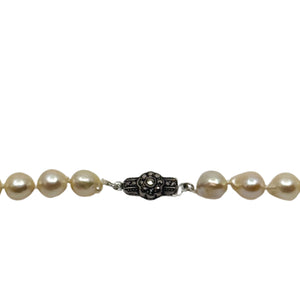 Baroque Mid Century Japanese Saltwater Akoya Cultured Pearl Marcasite Necklace - 835 Silver 35.25 Inch