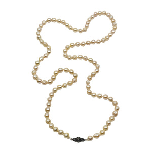 Baroque Mid Century Japanese Saltwater Akoya Cultured Pearl Marcasite Necklace - 835 Silver 35.25 Inch