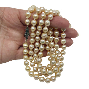 Baroque Mid Century Japanese Saltwater Akoya Cultured Pearl Marcasite Necklace - 835 Silver 35.25 Inch