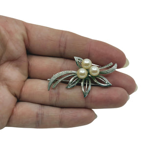 Vintage Petite Engraved Leaf Japanese Saltwater Akoya Cultured Pearl Brooch- Sterling Silver