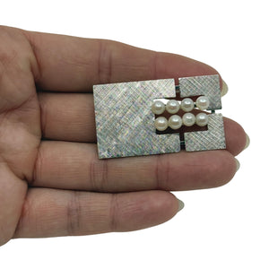 Vintage Geometric Textured Japanese Saltwater Akoya Cultured Pearl Brooch- Sterling Silver