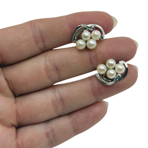 Vintage Cluster Japanese Saltwater Akoya Cultured Pearl Solitaire Pierced Earrings-Sterling Silver