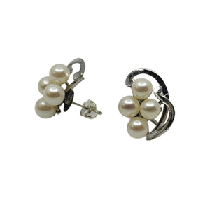 Vintage Cluster Japanese Saltwater Akoya Cultured Pearl Solitaire Pierced Earrings-Sterling Silver