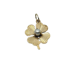 Petite Lucky Clover Japanese Saltwater Akoya Cultured Pearl Vintage Charm Pendant- 14K Yellow Gold