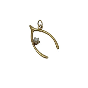 Petite Lucky Wishbone Japanese Saltwater Akoya Cultured Pearl Vintage Charm Pendant- 14K Yellow Gold