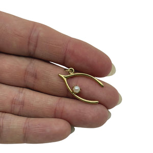 Petite Lucky Wishbone Japanese Saltwater Akoya Cultured Pearl Vintage Charm Pendant- 14K Yellow Gold