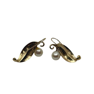 Mings of Honolulu Hawaii Saltwater Akoya Cultured Pearl Pierced Drop Leaf Earrings- 14K Yellow Gold