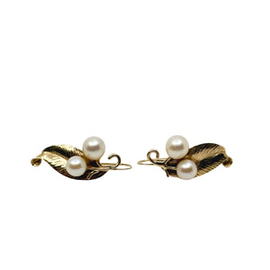 Mings of Honolulu Hawaii Saltwater Akoya Cultured Pearl Pierced Drop Leaf Earrings- 14K Yellow Gold