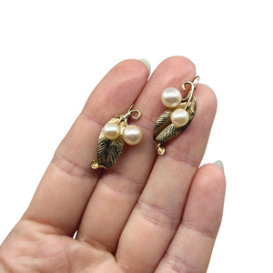 Mings of Honolulu Hawaii Saltwater Akoya Cultured Pearl Pierced Drop Leaf Earrings- 14K Yellow Gold