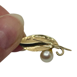 Mings of Honolulu Hawaii Saltwater Akoya Cultured Pearl Pierced Drop Leaf Earrings- 14K Yellow Gold