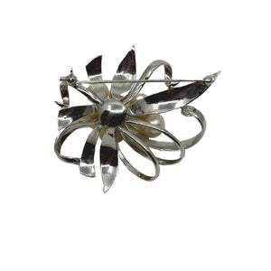 Large Leafy Ribbon Japanese Saltwater Akoya Cultured Pearl Vintage Brooch- Sterling Silver