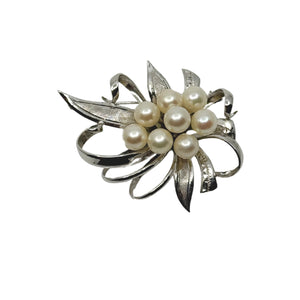Large Leafy Ribbon Japanese Saltwater Akoya Cultured Pearl Vintage Brooch- Sterling Silver