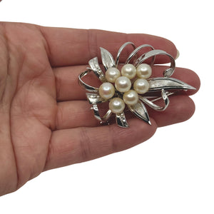 Large Leafy Ribbon Japanese Saltwater Akoya Cultured Pearl Vintage Brooch- Sterling Silver