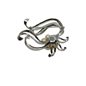 Large Ribbon Vintage Japanese Saltwater Akoya Cultured Pearl Brooch- Sterling Silver