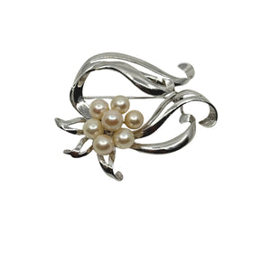 Large Ribbon Vintage Japanese Saltwater Akoya Cultured Pearl Brooch- Sterling Silver
